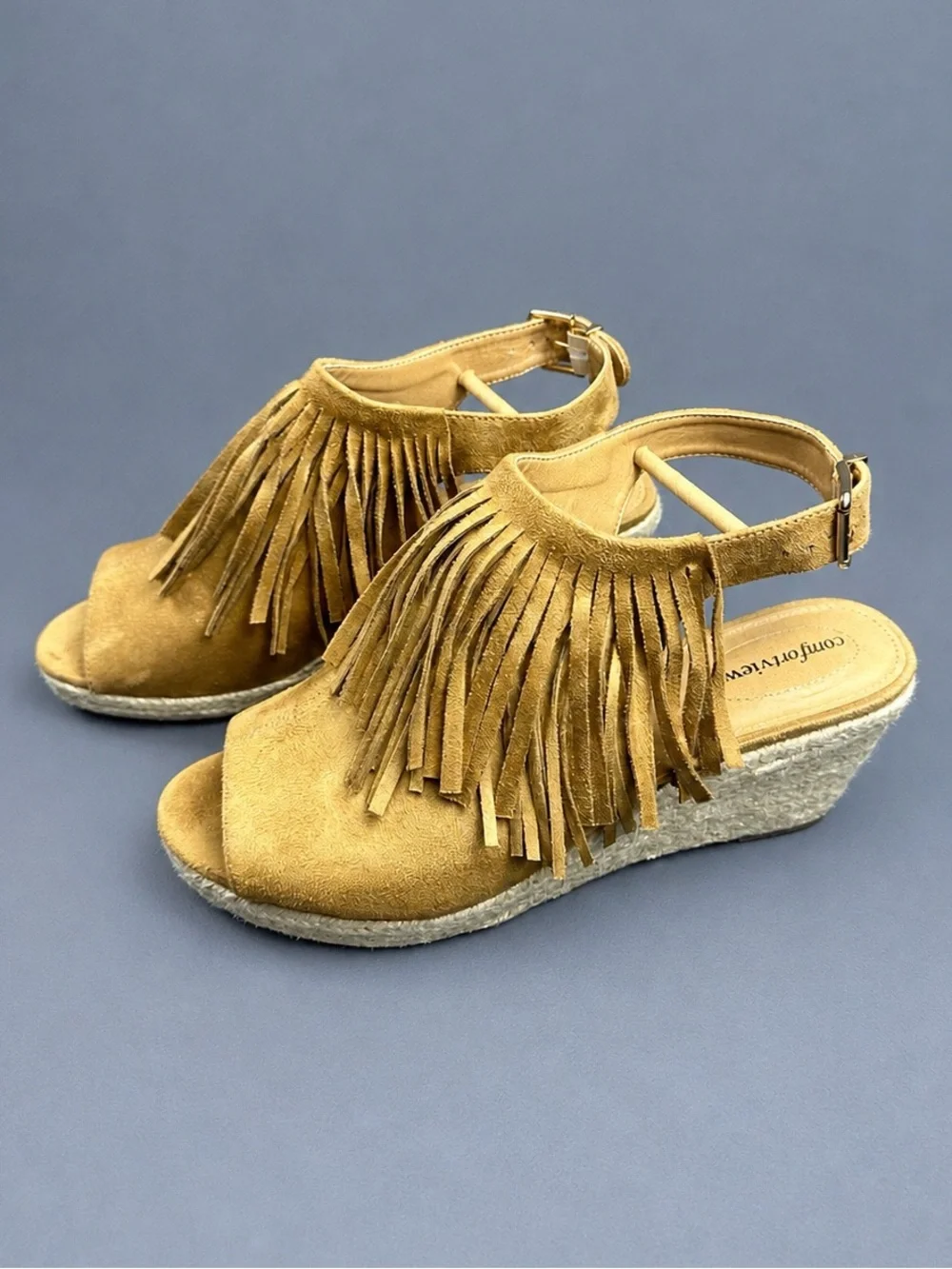 Comfortview Diane 11WW Tan Fringe Boho Espadrille Wedge Sandals Extra Wide